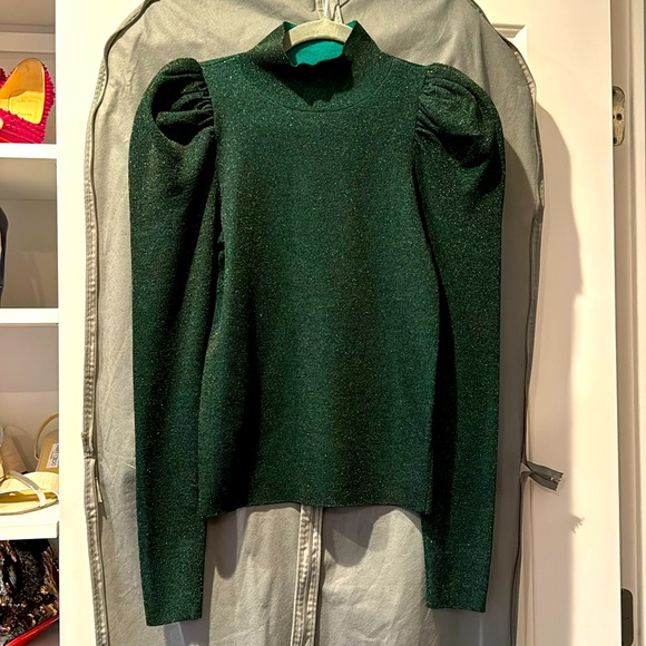 NWOT Alice + Olivia Puff-Sleeve Turtleneck Sweater, Shimmery Green, Sz Small - Picture 3 of 5